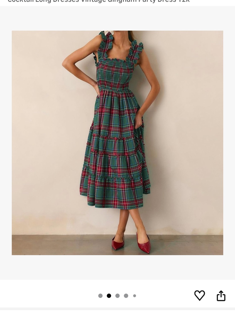 Amazon Green and Red Plaid Ruffle-Shoulder Maxi Dress